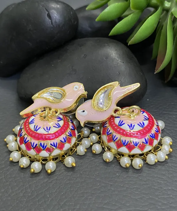 Traditional_Jhumka_Baby_Pink_Earrings_Sparrow_Design_Rajasthani_Multicolor_Blue_Meenakari_Gold_Plated_Earring_Set