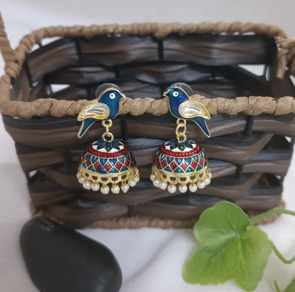 Traditional_Jhumka_Blue_Earrings_Sparrow_Design_Rajasthani_Multicolor_Blue_Meenakari_Gold_Plated_Earring_Set