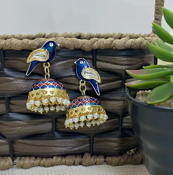 Traditional_Jhumka_Blue_Earrings_Sparrow_Design_Rajasthani_Multicolor_Blue_Meenakari_Gold_Plated_Earring_Set