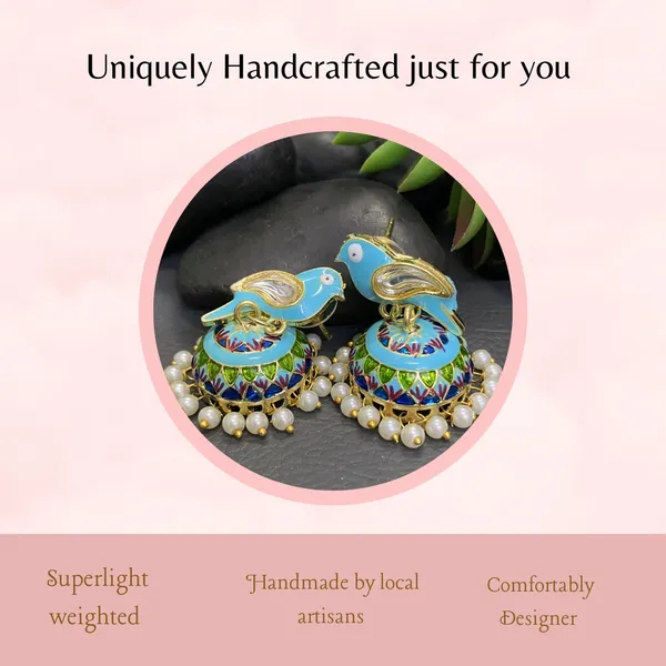 Traditional_Jhumka_Blue_Earrings_Sparrow_Design_Rajasthani_Multicolor_Firozi_Meenakari_Gold_Plated_Earring_Set