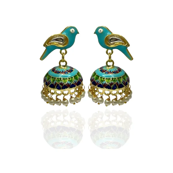 Traditional_Jhumka_Blue_Earrings_Sparrow_Design_Rajasthani_Multicolor_Firozi_Meenakari_Gold_Plated_Earring_Set