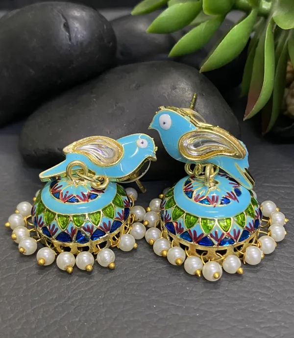 Traditional_Jhumka_Blue_Earrings_Sparrow_Design_Rajasthani_Multicolor_Firozi_Meenakari_Gold_Plated_Earring_Set