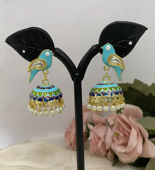 Traditional_Jhumka_Blue_Earrings_Sparrow_Design_Rajasthani_Multicolor_Firozi_Meenakari_Gold_Plated_Earring_Set