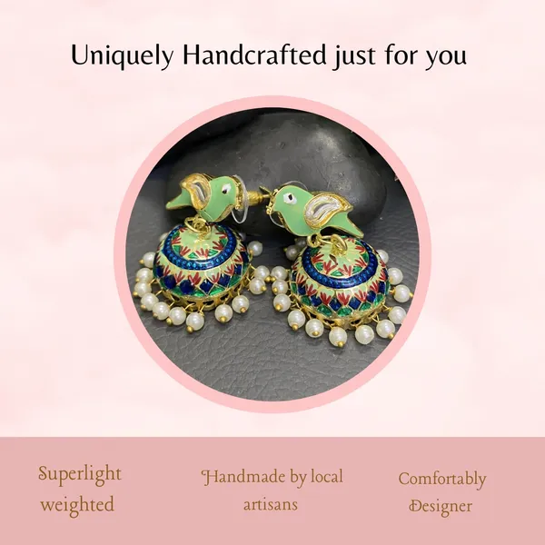 Traditional_Jhumka_Green_Earrings_Sparrow_Design_Rajasthani_Multicolor_Blue_Meenakari_Gold_Plated_Earring_Set