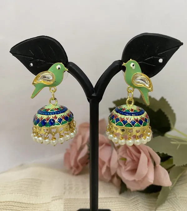 Traditional_Jhumka_Green_Earrings_Sparrow_Design_Rajasthani_Multicolor_Blue_Meenakari_Gold_Plated_Earring_Set