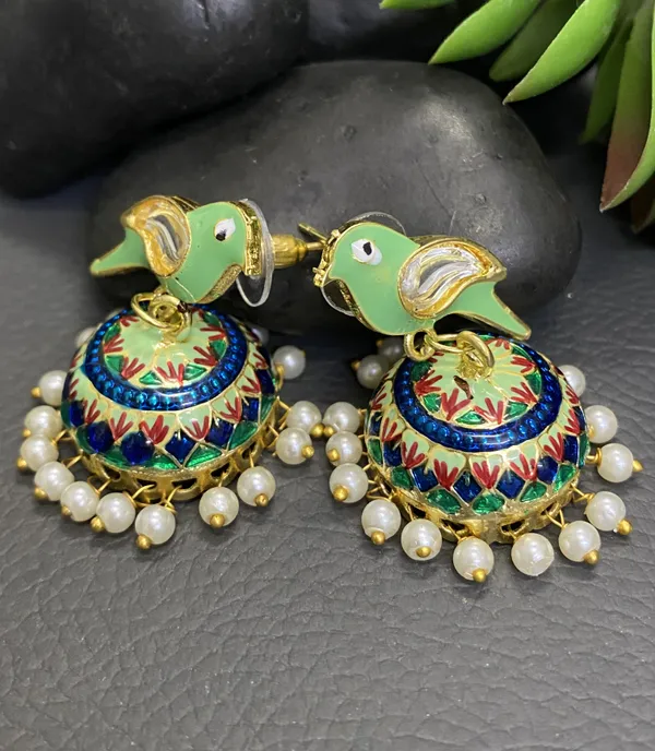 Traditional_Jhumka_Green_Earrings_Sparrow_Design_Rajasthani_Multicolor_Blue_Meenakari_Gold_Plated_Earring_Set