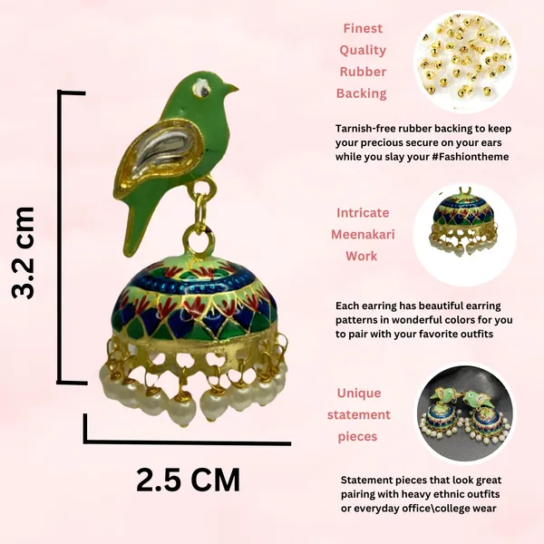 Traditional_Jhumka_Green_Earrings_Sparrow_Design_Rajasthani_Multicolor_Blue_Meenakari_Gold_Plated_Earring_Set
