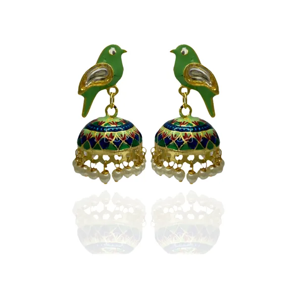 Traditional_Jhumka_Green_Earrings_Sparrow_Design_Rajasthani_Multicolor_Blue_Meenakari_Gold_Plated_Earring_Set