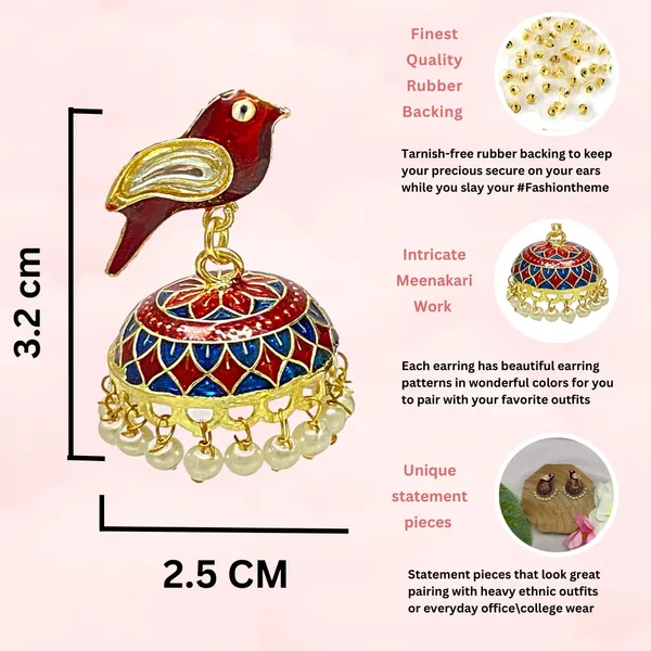 Traditional_Jhumka_Marron_Earrings_Sparrow_Design_Rajasthani_Multicolor_Marron_Meenakari_Gold_Plated_Earring_Set
