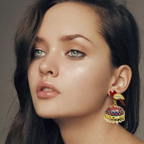Traditional_Jhumka_Marron_Earrings_Sparrow_Design_Rajasthani_Multicolor_Marron_Meenakari_Gold_Plated_Earring_Set