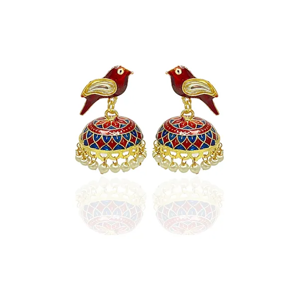 Traditional_Jhumka_Marron_Earrings_Sparrow_Design_Rajasthani_Multicolor_Marron_Meenakari_Gold_Plated_Earring_Set