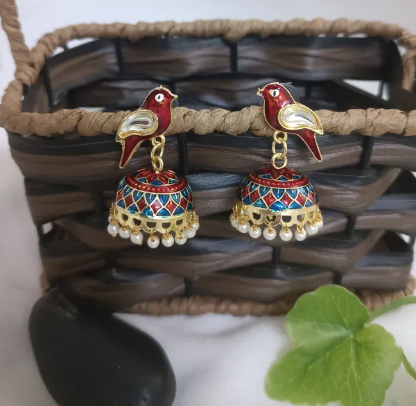 Traditional_Jhumka_Marron_Earrings_Sparrow_Design_Rajasthani_Multicolor_Marron_Meenakari_Gold_Plated_Earring_Set
