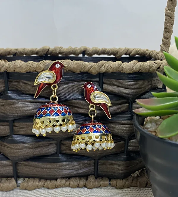Traditional_Jhumka_Marron_Earrings_Sparrow_Design_Rajasthani_Multicolor_Marron_Meenakari_Gold_Plated_Earring_Set