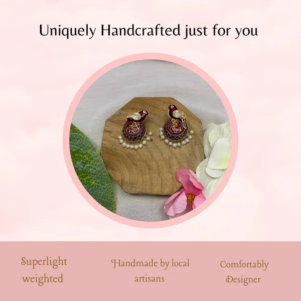Traditional_Jhumka_Marron_Earrings_Sparrow_Design_Rajasthani_Multicolor_Marron_Meenakari_Gold_Plated_Earring_Set