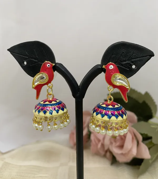 Traditional_Jhumka_Pink_Earrings_Sparrow_Design_Rajasthani_Multicolor_Pink_Meenakari_Gold_Plated_Earring_Set