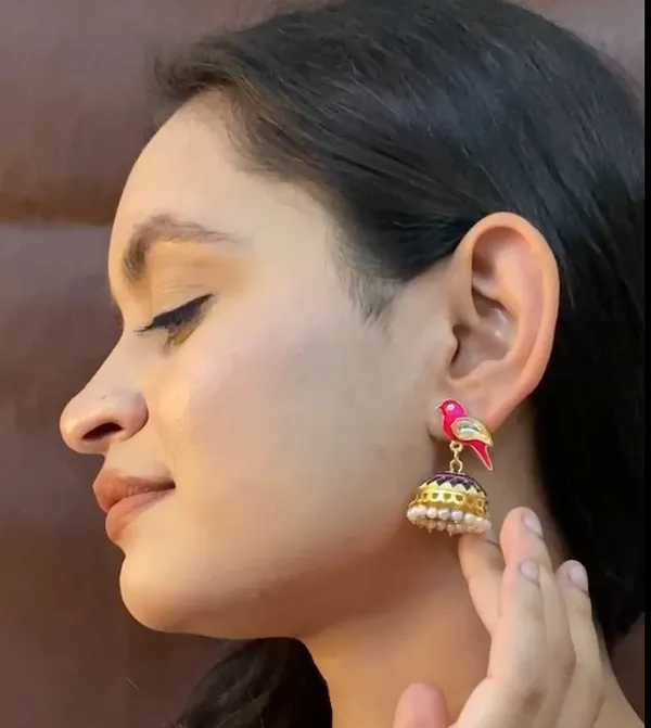 Traditional_Jhumka_Pink_Earrings_Sparrow_Design_Rajasthani_Multicolor_Pink_Meenakari_Gold_Plated_Earring_Set