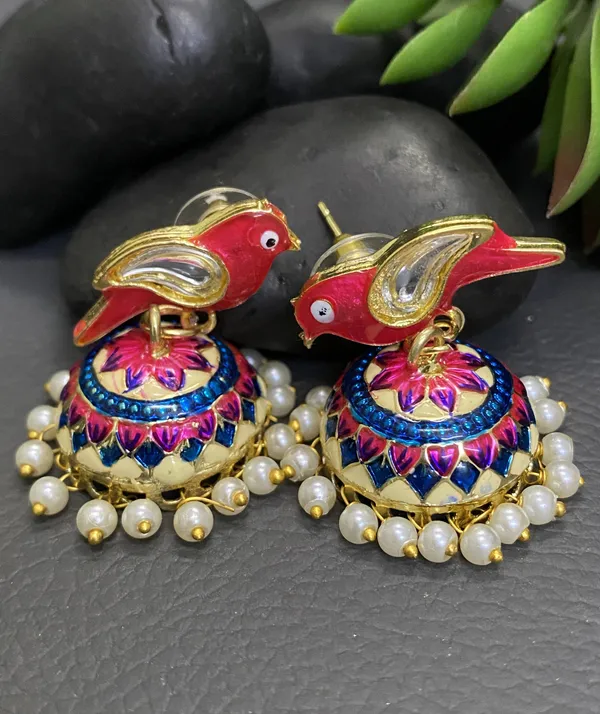 Traditional_Jhumka_Pink_Earrings_Sparrow_Design_Rajasthani_Multicolor_Pink_Meenakari_Gold_Plated_Earring_Set