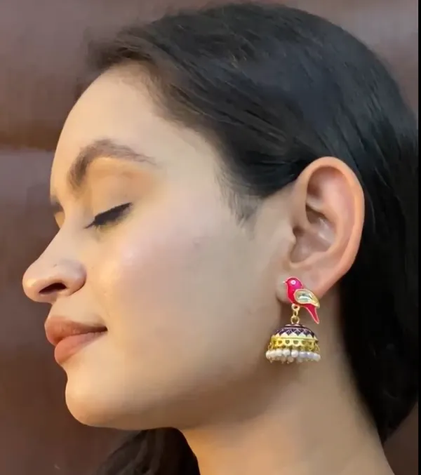 Traditional_Jhumka_Pink_Earrings_Sparrow_Design_Rajasthani_Multicolor_Pink_Meenakari_Gold_Plated_Earring_Set