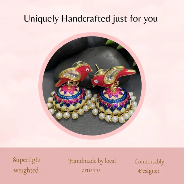 Traditional_Jhumka_Pink_Earrings_Sparrow_Design_Rajasthani_Multicolor_Pink_Meenakari_Gold_Plated_Earring_Set