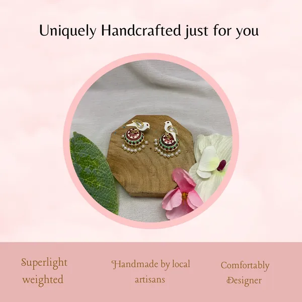 Traditional_Jhumka_White_Earrings_Sparrow_Design_Rajasthani_Multicolor_White_Meenakari_Gold_Plated_Earring_Set