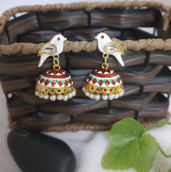 Traditional_Jhumka_White_Earrings_Sparrow_Design_Rajasthani_Multicolor_White_Meenakari_Gold_Plated_Earring_Set