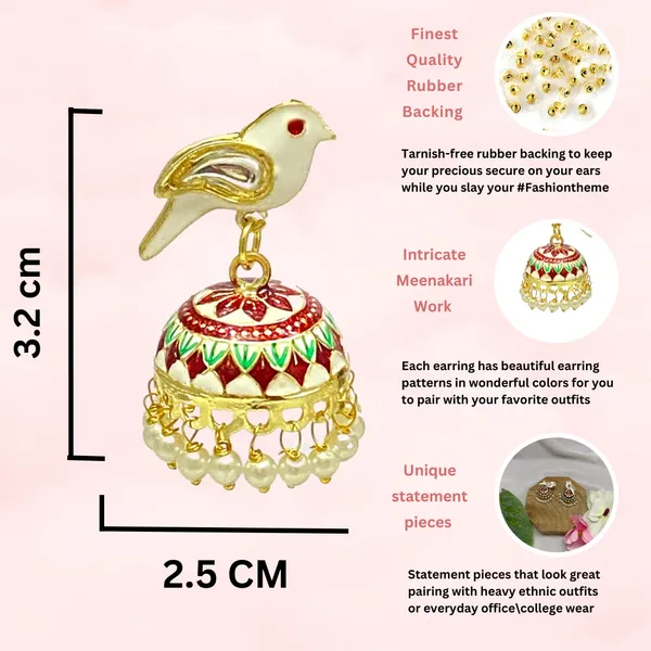 Traditional_Jhumka_White_Earrings_Sparrow_Design_Rajasthani_Multicolor_White_Meenakari_Gold_Plated_Earring_Set