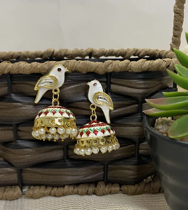 Traditional_Jhumka_White_Earrings_Sparrow_Design_Rajasthani_Multicolor_White_Meenakari_Gold_Plated_Earring_Set