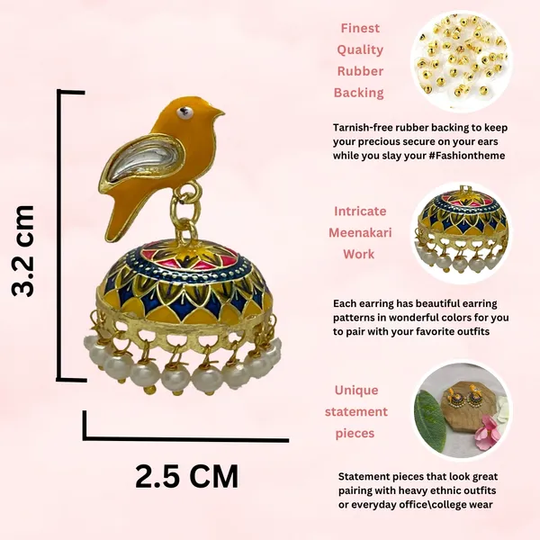 Traditional_Jhumka_Yellow_Earrings_Sparrow_Design_Rajasthani_Multicolor_Yellow_Meenakari_Gold_Plated_Earring_Set