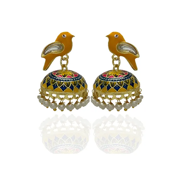Traditional_Jhumka_Yellow_Earrings_Sparrow_Design_Rajasthani_Multicolor_Yellow_Meenakari_Gold_Plated_Earring_Set