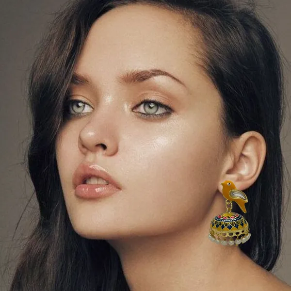 Traditional_Jhumka_Yellow_Earrings_Sparrow_Design_Rajasthani_Multicolor_Yellow_Meenakari_Gold_Plated_Earring_Set