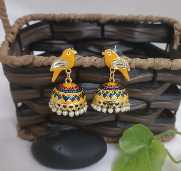 Traditional_Jhumka_Yellow_Earrings_Sparrow_Design_Rajasthani_Multicolor_Yellow_Meenakari_Gold_Plated_Earring_Set