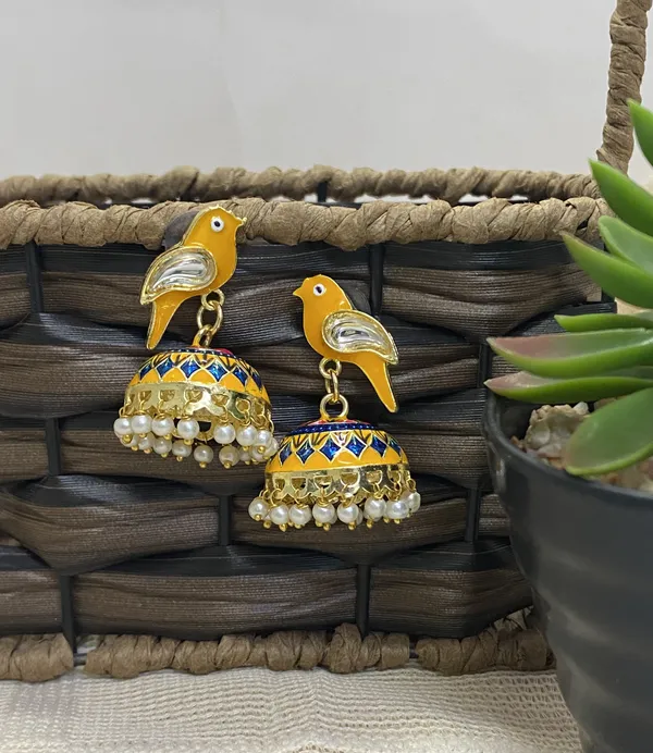 Traditional_Jhumka_Yellow_Earrings_Sparrow_Design_Rajasthani_Multicolor_Yellow_Meenakari_Gold_Plated_Earring_Set