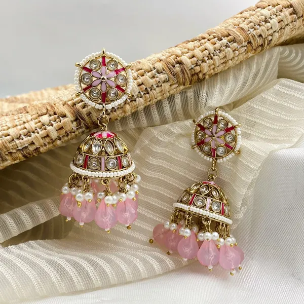 Baby_Pink_Elegant_Kundan_Gold-Plated_Jhumka_Earrings