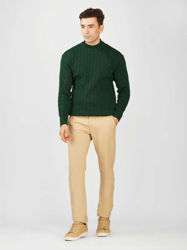 Bottle_Green_Men's_High_Neck_Cable_Knit_Sweater_Premium_Knitted_Winter_Pullover_For_Men