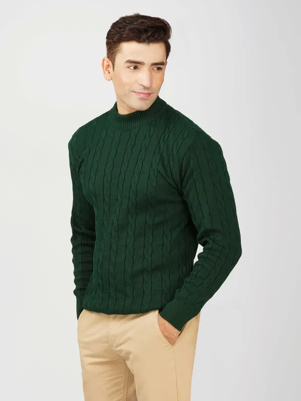 Bottle_Green_Men's_High_Neck_Cable_Knit_Sweater_Premium_Knitted_Winter_Pullover_For_Men