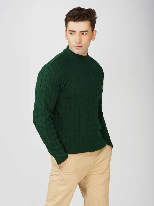 Bottle_Green_Men's_High_Neck_Cable_Knit_Sweater_Premium_Knitted_Winter_Pullover_For_Men