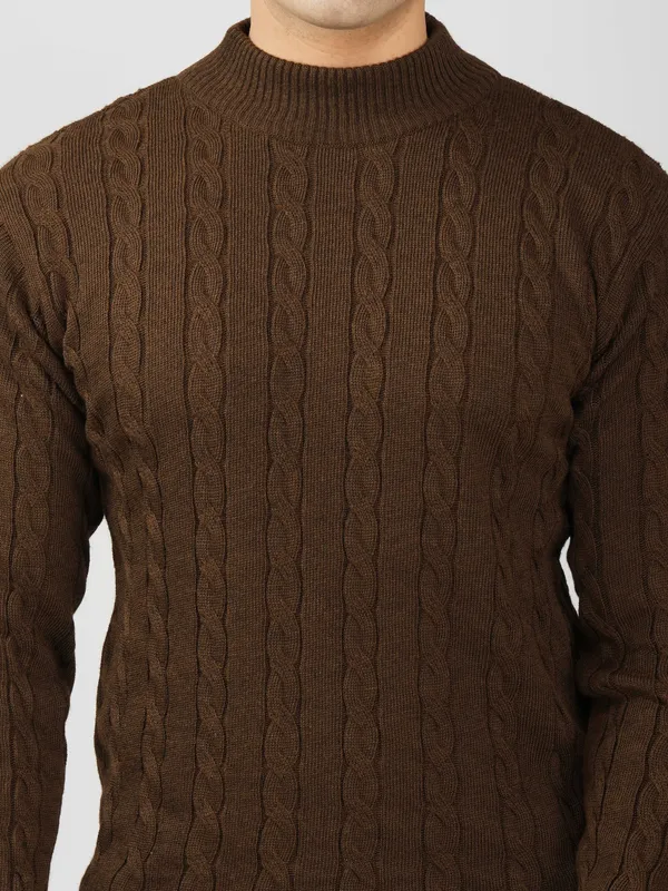 Brown_Men's_High_Neck_Cable_Knit_Sweater_Premium_Knitted_Winter_Pullover_For_Men