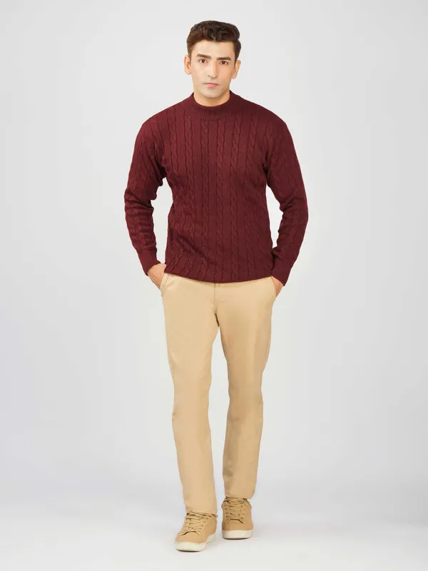 Maroon_Men's_High_Neck_Cable_Knit_Sweater_Premium_Knitted_Winter_Pullover_For_Men