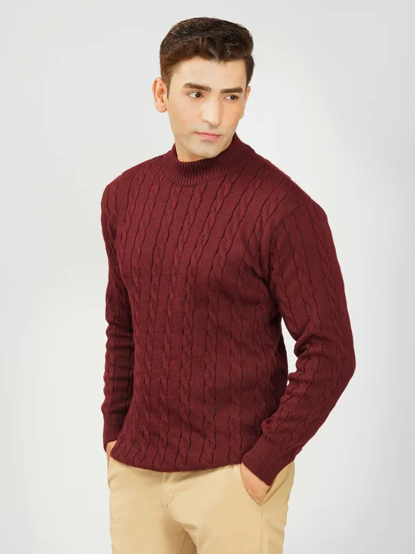 Maroon_Men's_High_Neck_Cable_Knit_Sweater_Premium_Knitted_Winter_Pullover_For_Men