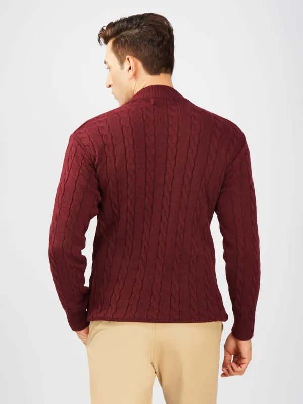 Maroon_Men's_High_Neck_Cable_Knit_Sweater_Premium_Knitted_Winter_Pullover_For_Men