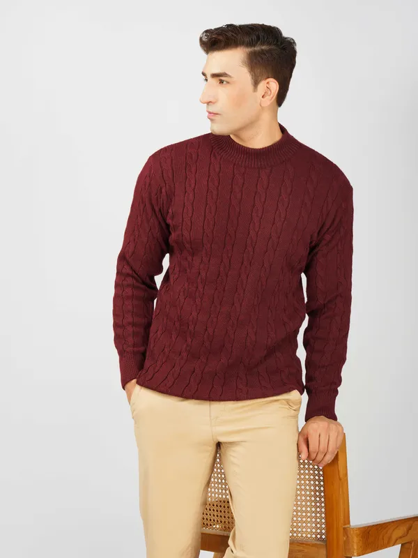 Maroon_Men's_High_Neck_Cable_Knit_Sweater_Premium_Knitted_Winter_Pullover_For_Men