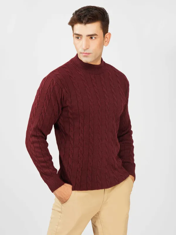 Maroon_Men's_High_Neck_Cable_Knit_Sweater_Premium_Knitted_Winter_Pullover_For_Men