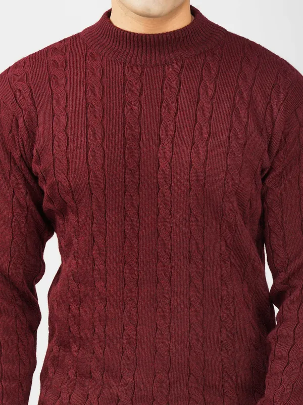Maroon_Men's_High_Neck_Cable_Knit_Sweater_Premium_Knitted_Winter_Pullover_For_Men
