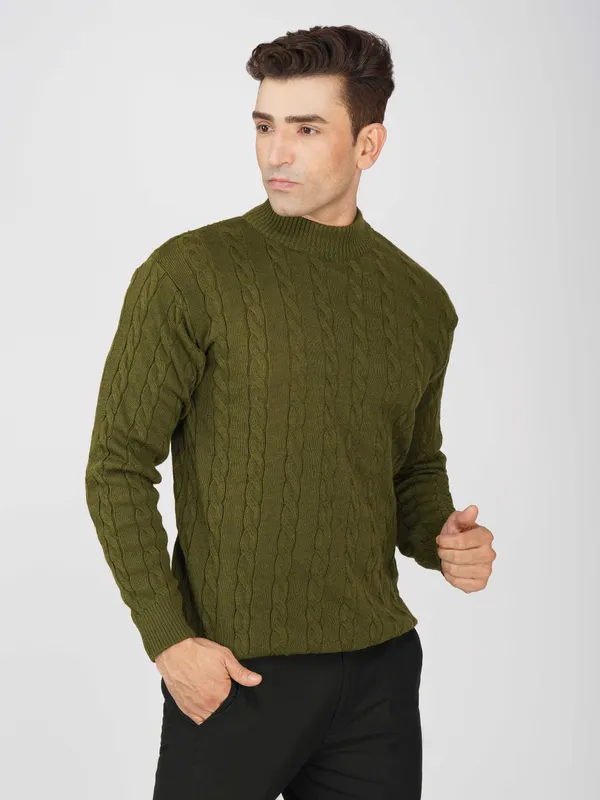 Olive_Men's_High_Neck_Cable_Knit_Sweater_Premium_Knitted_Winter_Pullover_For_Men
