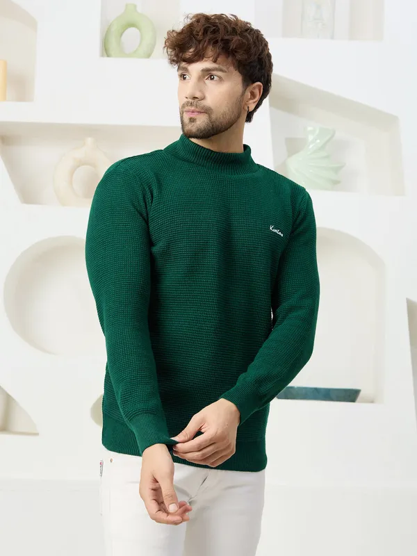 Bottle_Green_Men's_High_Neck_Self_Knitted_Plain_Sweater
