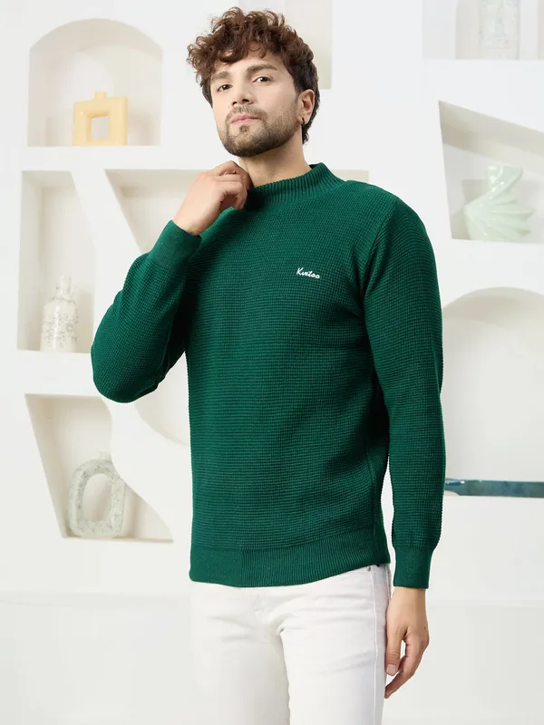 Bottle_Green_Men's_High_Neck_Self_Knitted_Plain_Sweater