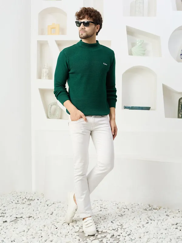 Bottle_Green_Men's_High_Neck_Self_Knitted_Plain_Sweater