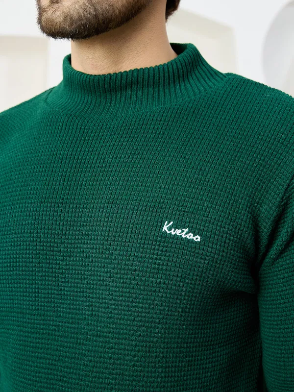 Bottle_Green_Men's_High_Neck_Self_Knitted_Plain_Sweater