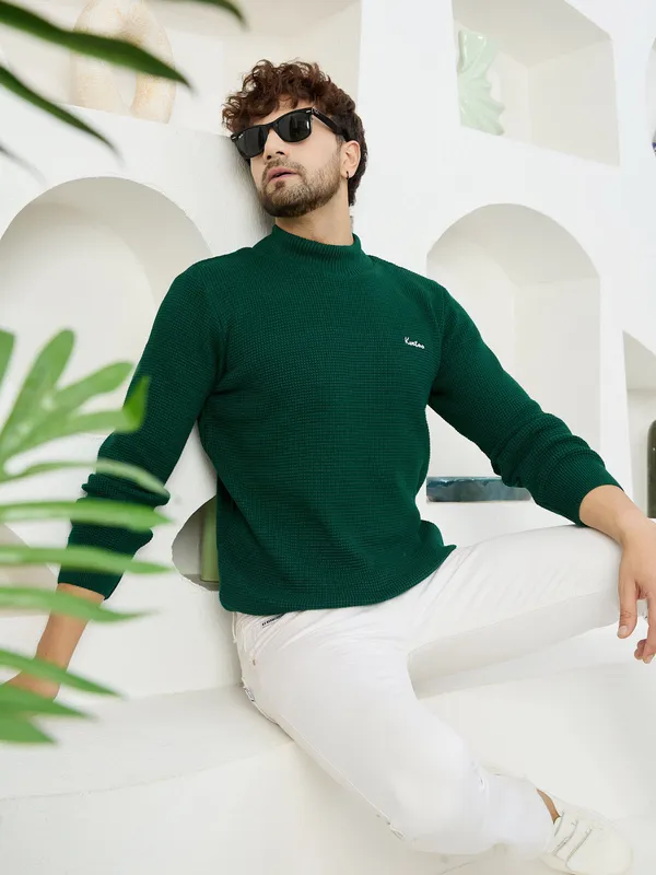 Bottle_Green_Men's_High_Neck_Self_Knitted_Plain_Sweater