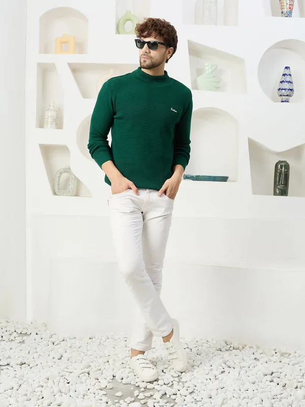 Bottle_Green_Men's_High_Neck_Self_Knitted_Plain_Sweater